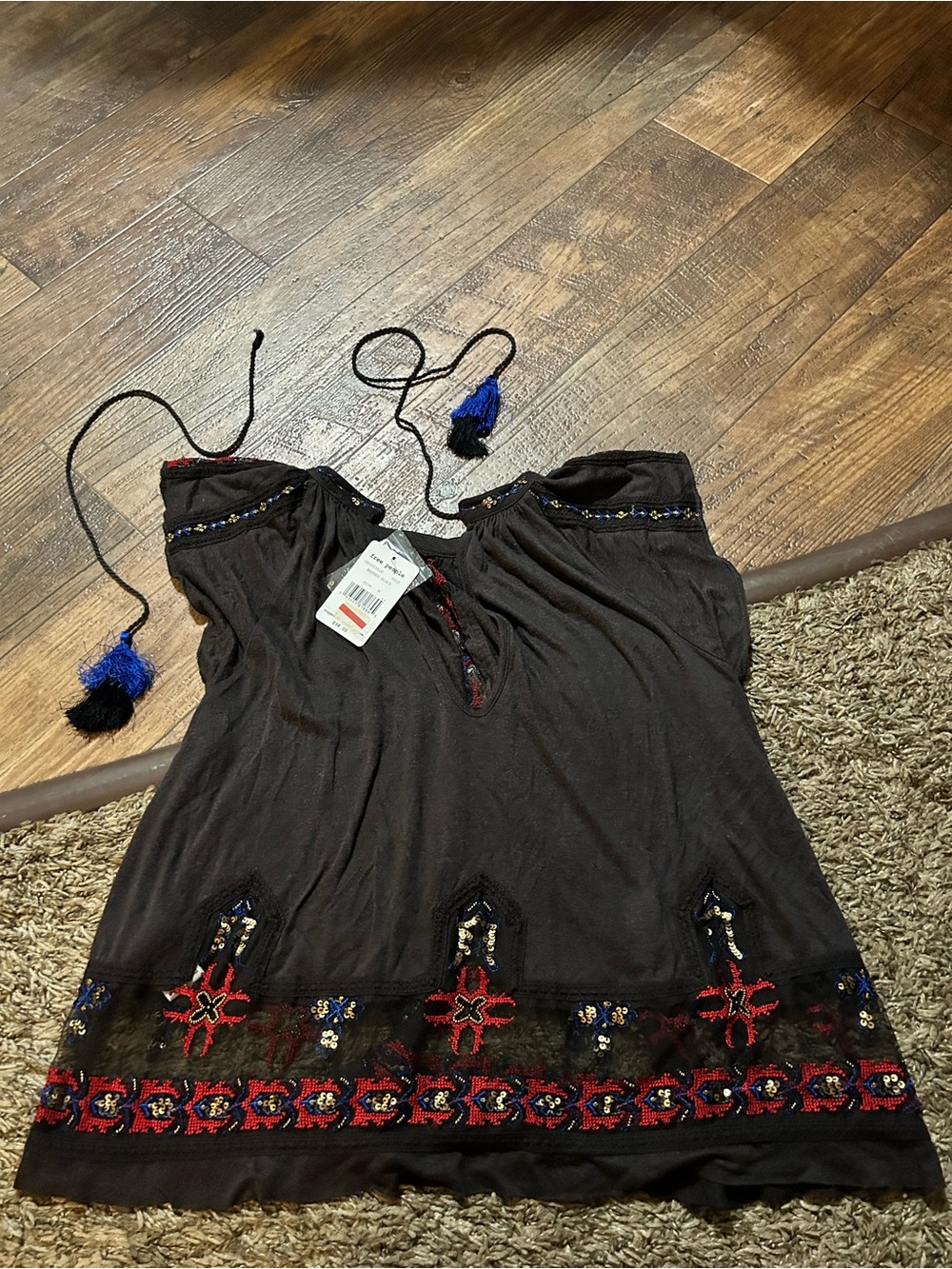 Free People Embroidered Boho Flowy Sequin & Mesh Detail — Washed Black Color - Picture 9 of 9